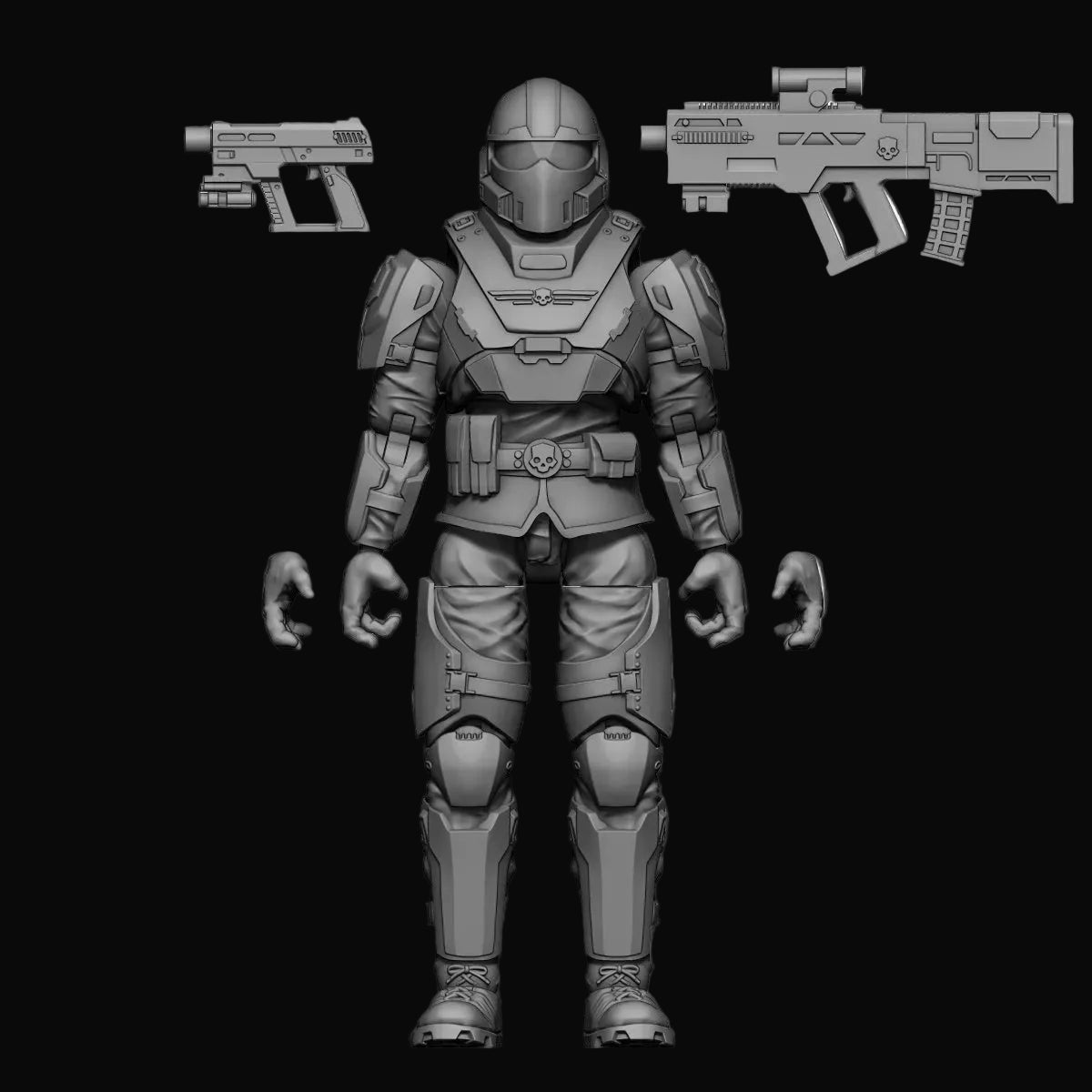 A gray resin model kit of a soldier in futuristic armor with two guns.